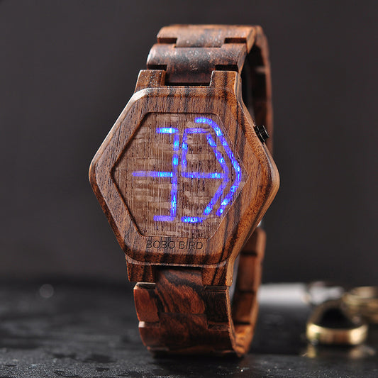 LED Wooden Watch for Men – Night Vision Wood Wristwatch with LED Display